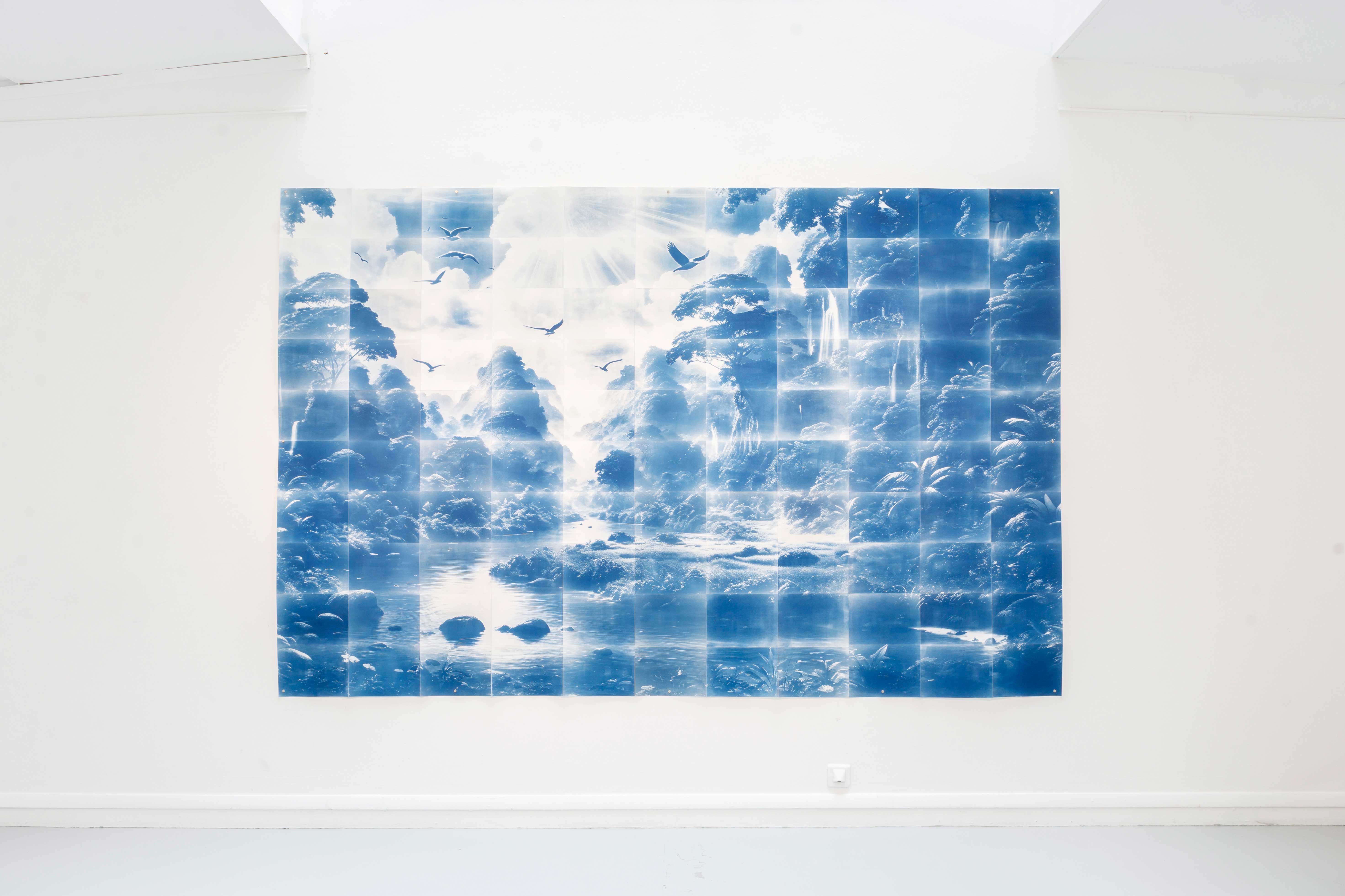 César Augusto Ramírez. All under heaven, 2026. Cyanotypes on 300g watercolor paper. 292 × 194 cm