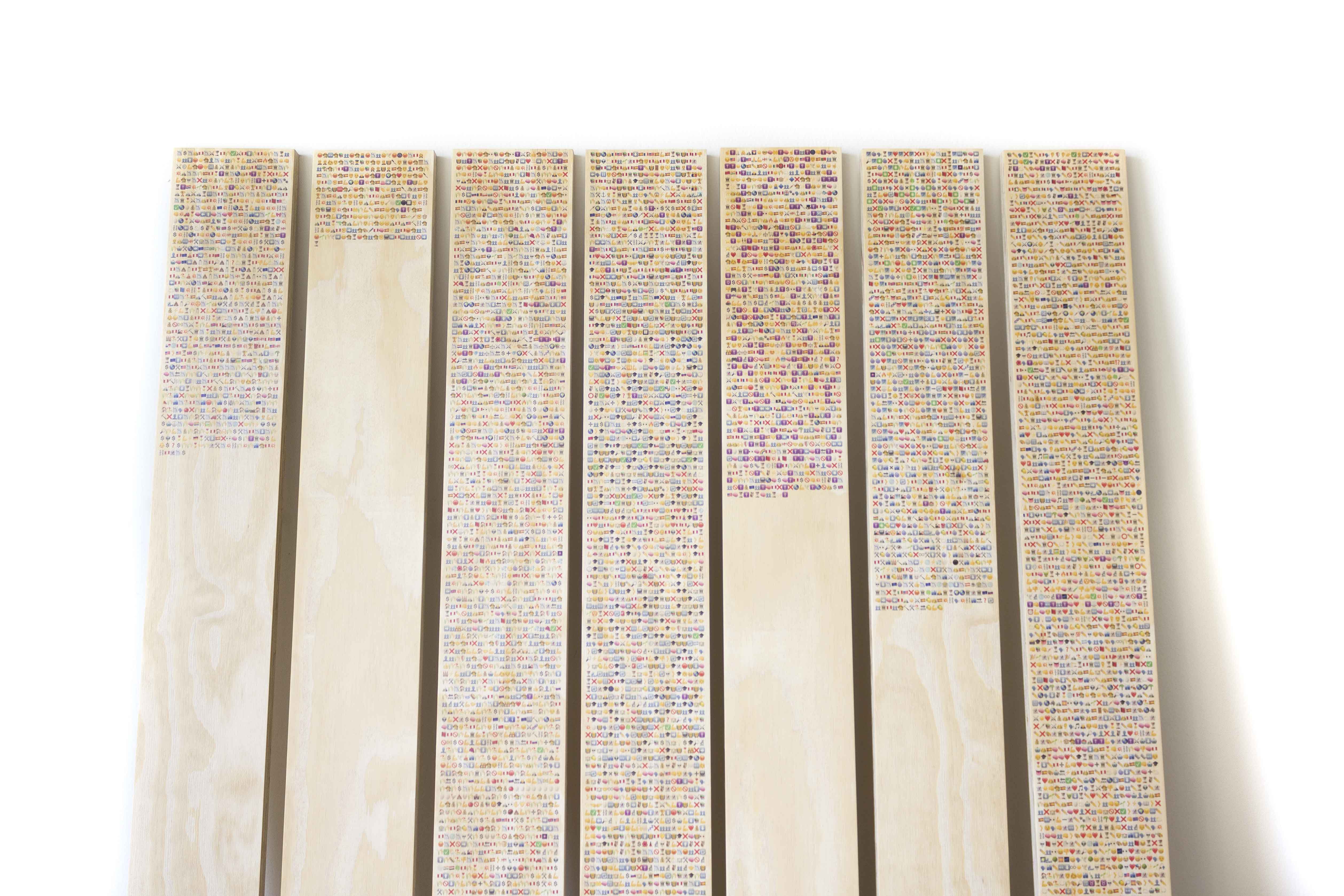 César Augusto Ramírez. Seven reinterpretative essays on Peruvian reality, 2019. UV print on wood panels. 180 × 95 × 2 cm